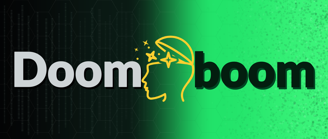 The word Doom in white on a near-black field of server-rack lines, transitioning across a gradient into the word boom in black on bright green
